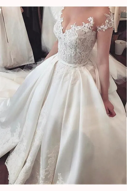 Fascinating Satin Sheer Neckline Ball Gown Appliques Bowknot Wedding Dress