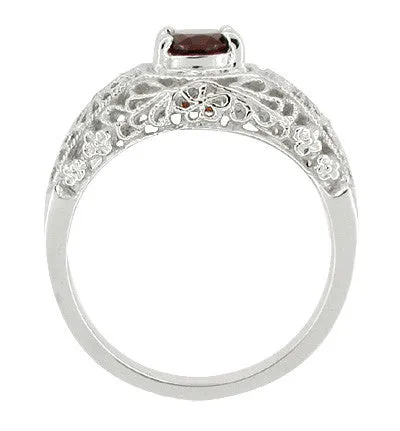 Filigree Flowers Edwardian Dome Almandite Garnet Promise Ring in Sterling Silver