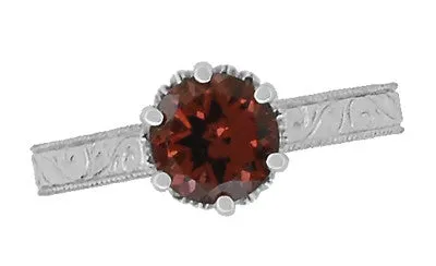 Filigree Scrolls Art Deco Crown Solitaire 1.5 Carat Almandine Garnet Engagement Ring in Platinum