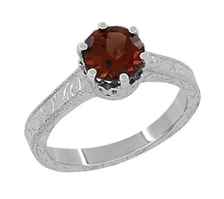 Filigree Scrolls Art Deco Crown Solitaire 1.5 Carat Almandine Garnet Engagement Ring in Platinum