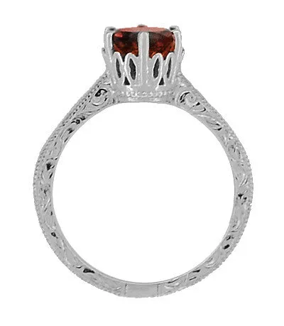 Filigree Scrolls Art Deco Crown Solitaire 1.5 Carat Almandine Garnet Engagement Ring in Platinum