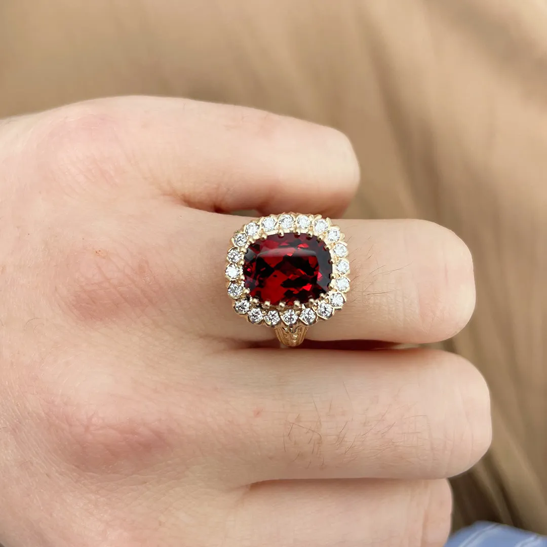 Garnet & Diamond Cluster 14K Yellow Gold Ring
