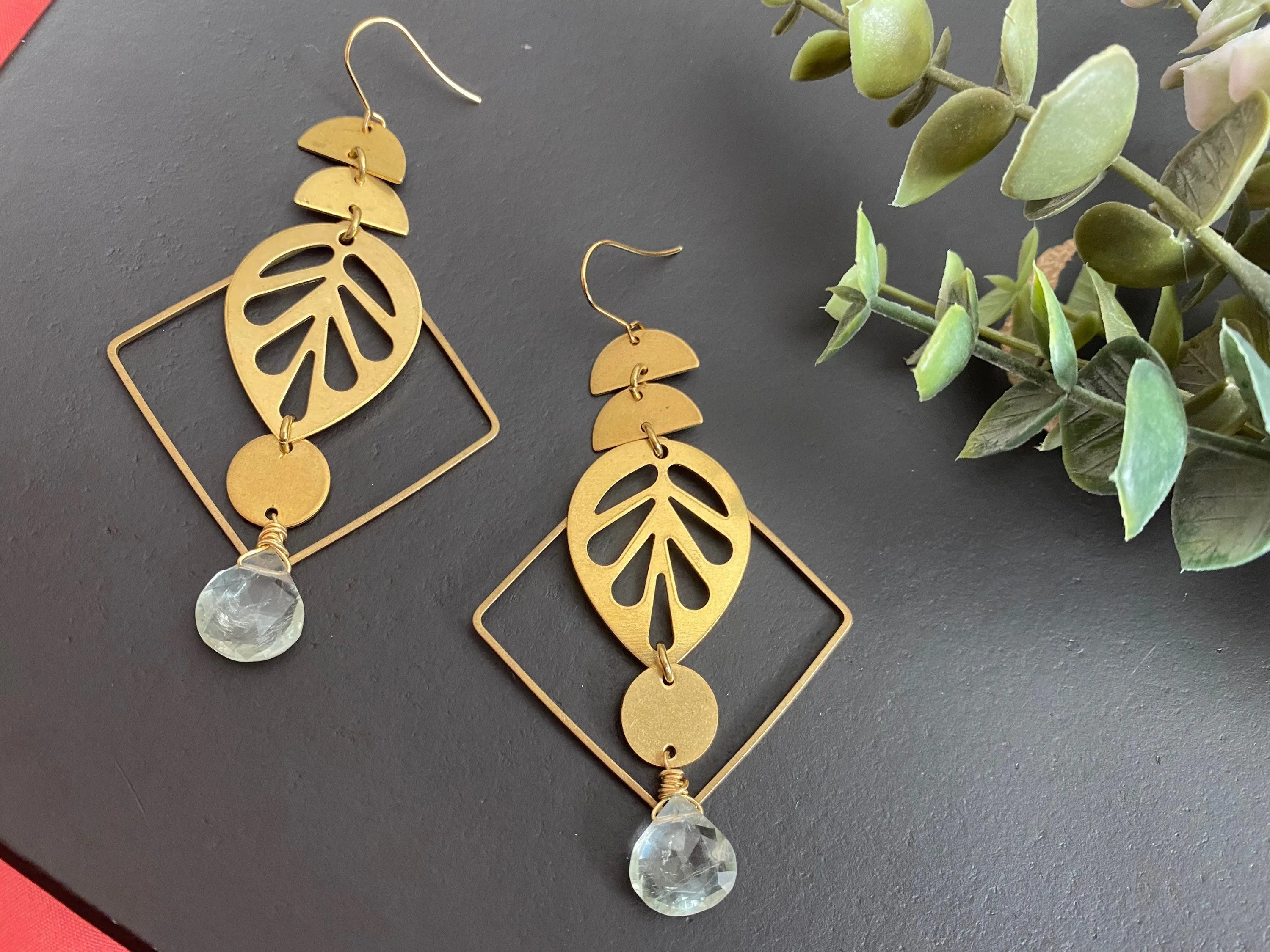 Green amethyst earrings - brass geometric earrings - statement earrings - Gifts for women - gemstone dangles