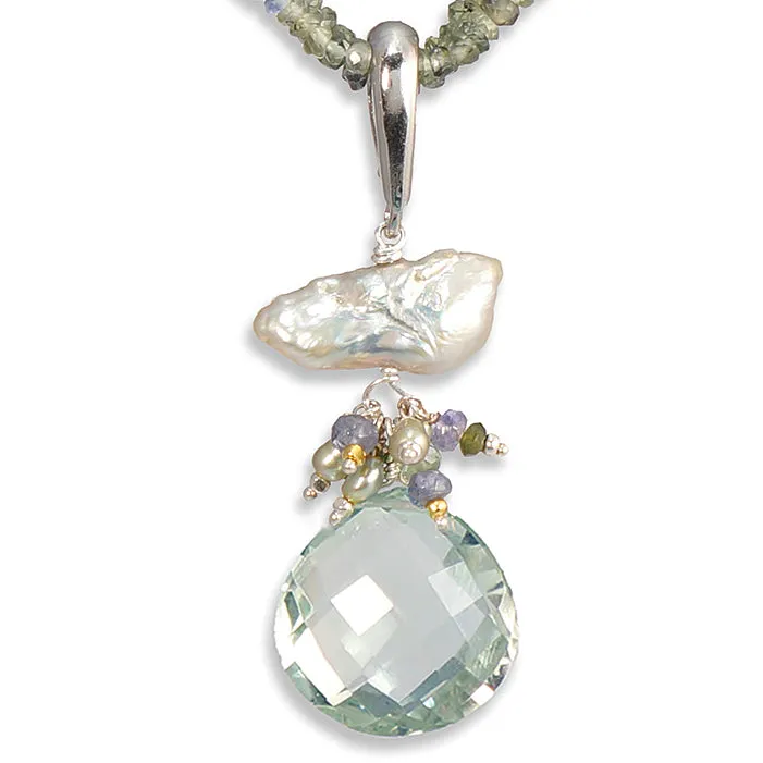 Keshi Pearl with Tanzanite & Green Sapphire