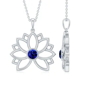 Lab Grown Blue Sapphire Lotus Flower Necklace
