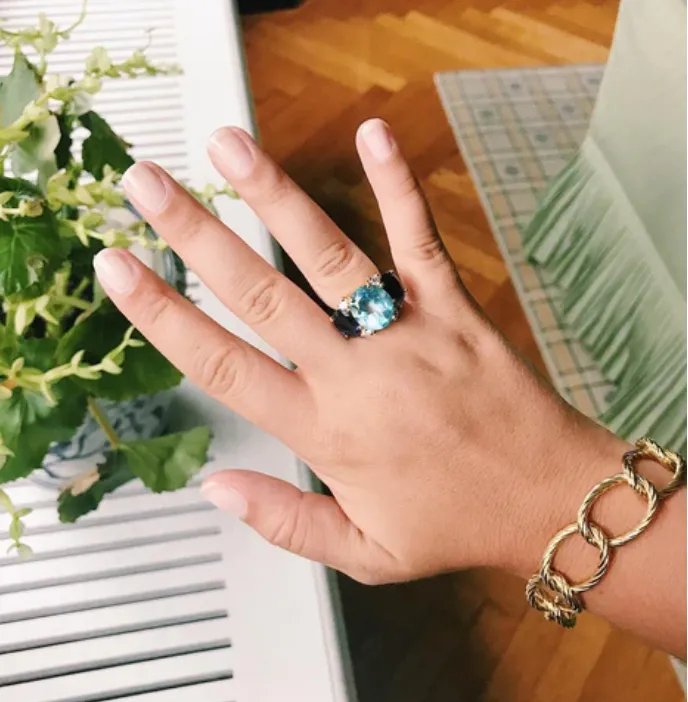 London Blue Topaz Large Cushion Ring with Diamonds