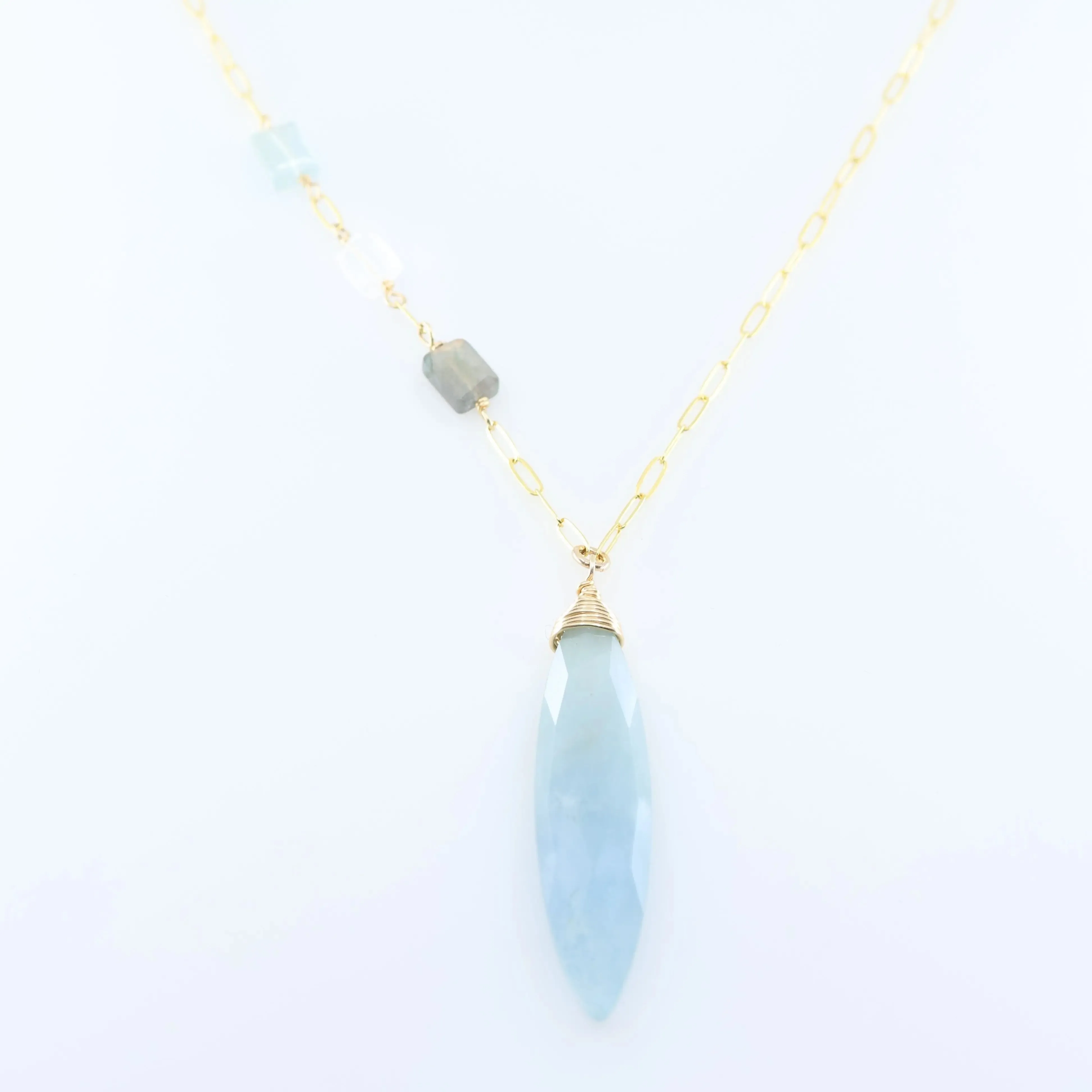 Milky Aquamarine Marquis Cut Gemstone Necklace with Asymmetrical Gemstone Accent