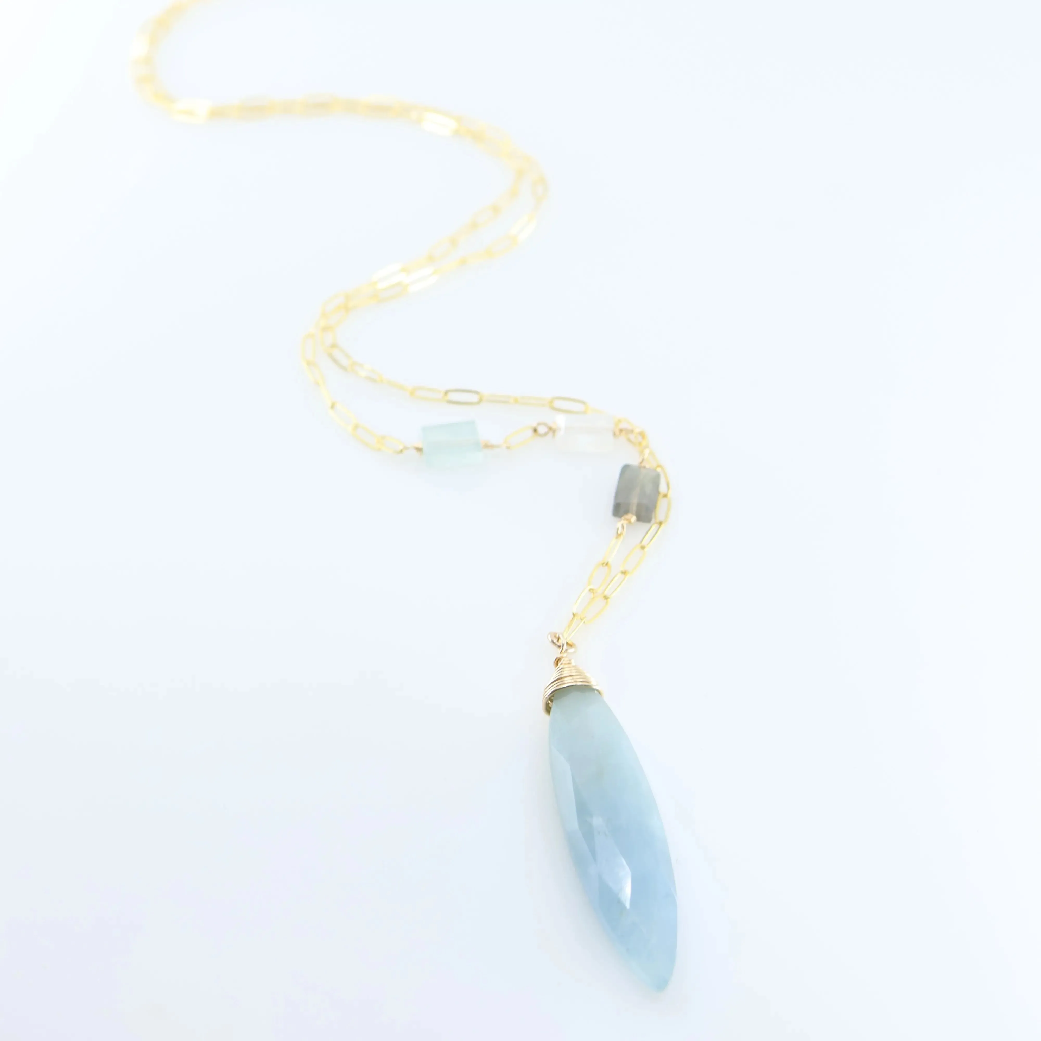 Milky Aquamarine Marquis Cut Gemstone Necklace with Asymmetrical Gemstone Accent