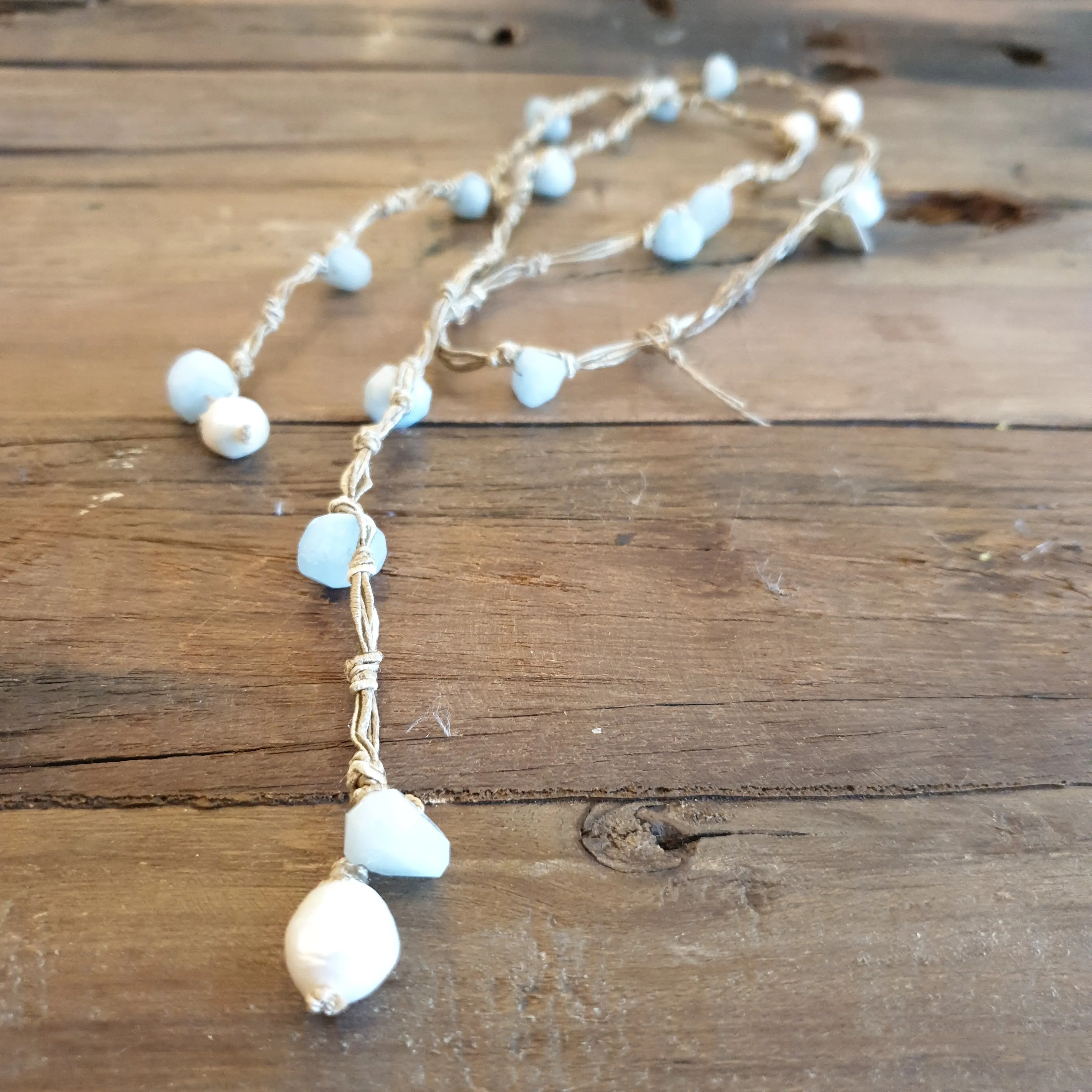 Multi pearl and aquamarine lariat necklace