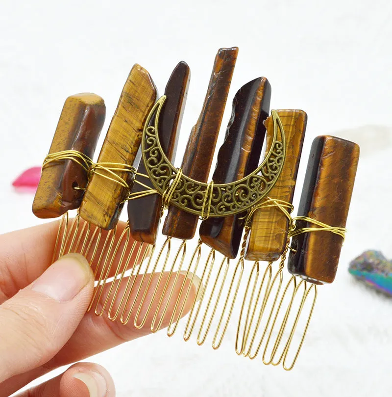 Natural Crystal Flat Stone Moon Hairpin-Turmeric