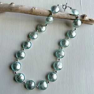 Necklace with aquamarine (blue) Murano glass medium lentil beads on silver