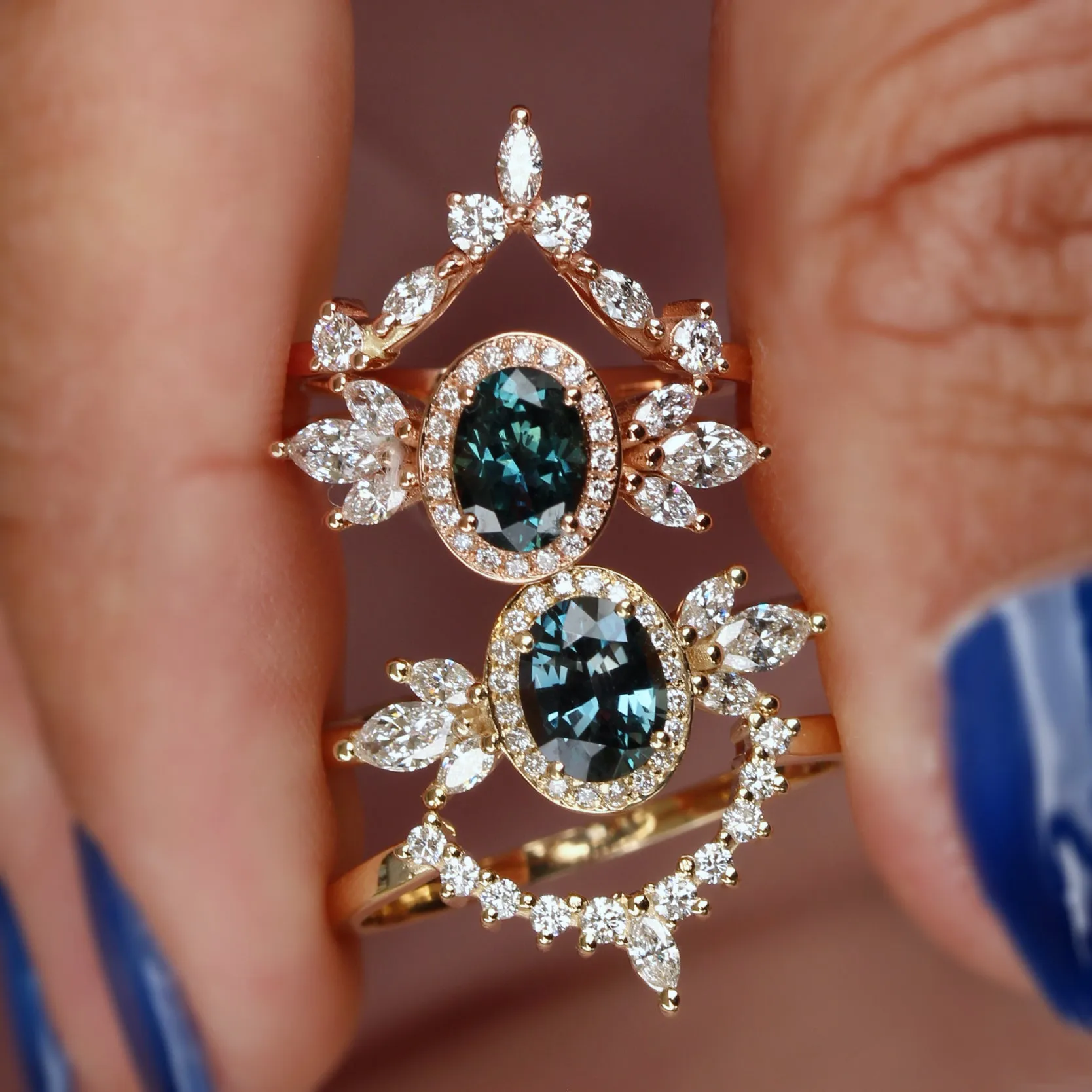 Oval teal sapphire art deco engagement ring - Athena