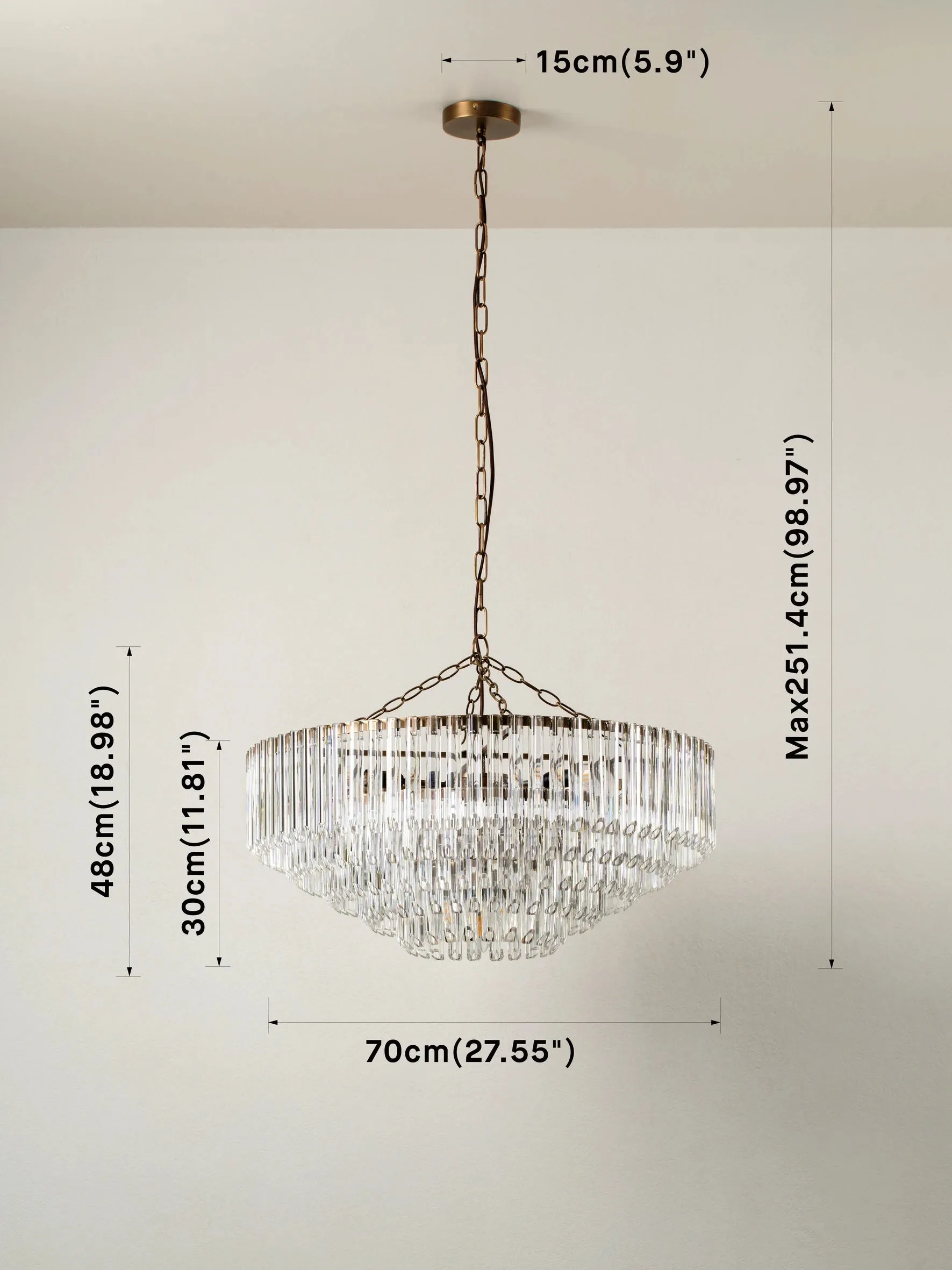 Petalia - 9 light aged brass and clear glass tube wide chandelier