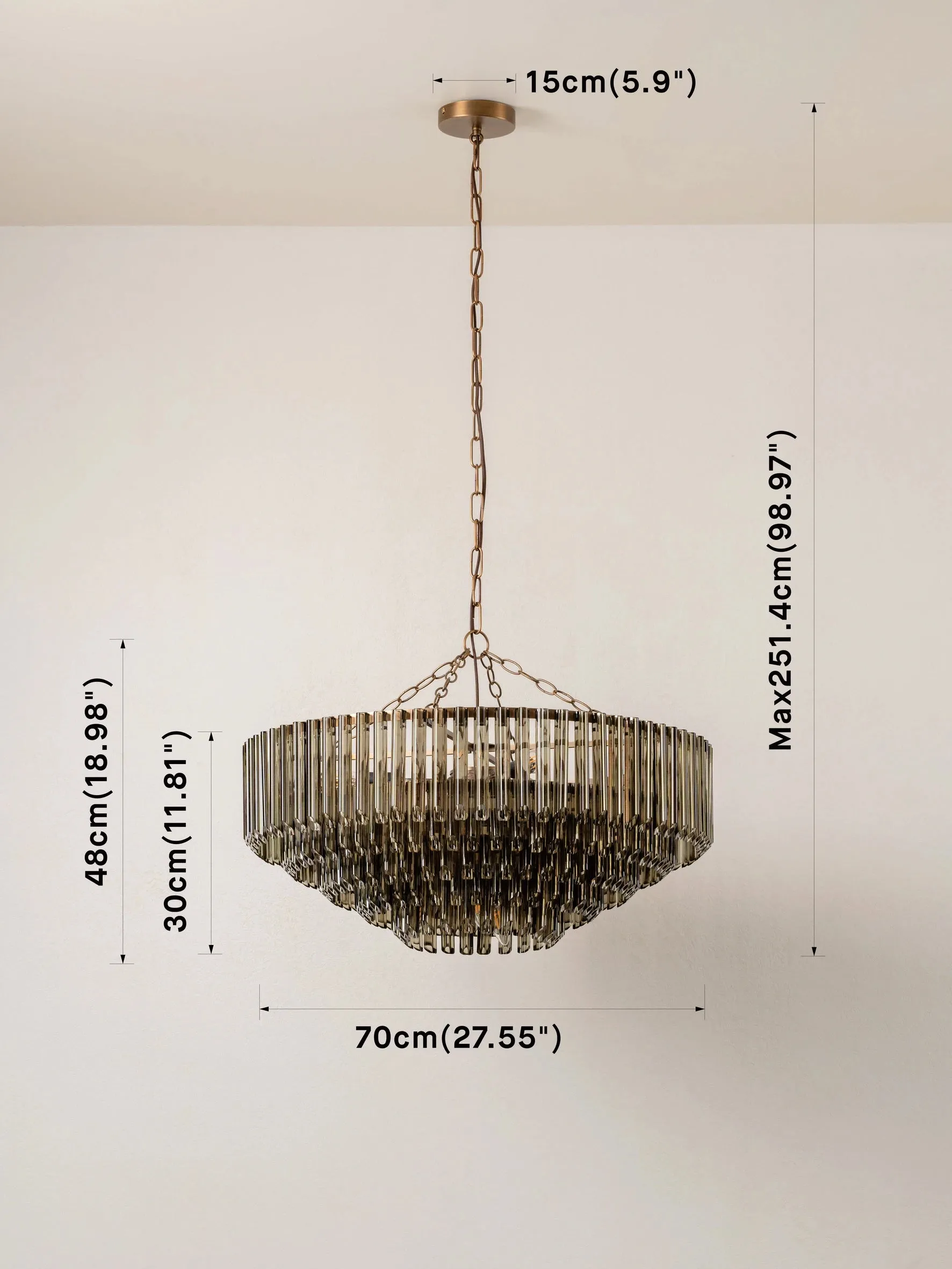 Petalia - 9 light aged brass and smoked green glass tube wide chandelier