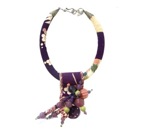 Purple Silk Chirimen Kimono Cord Necklace with Amethyst and Glass Beads Embellishments