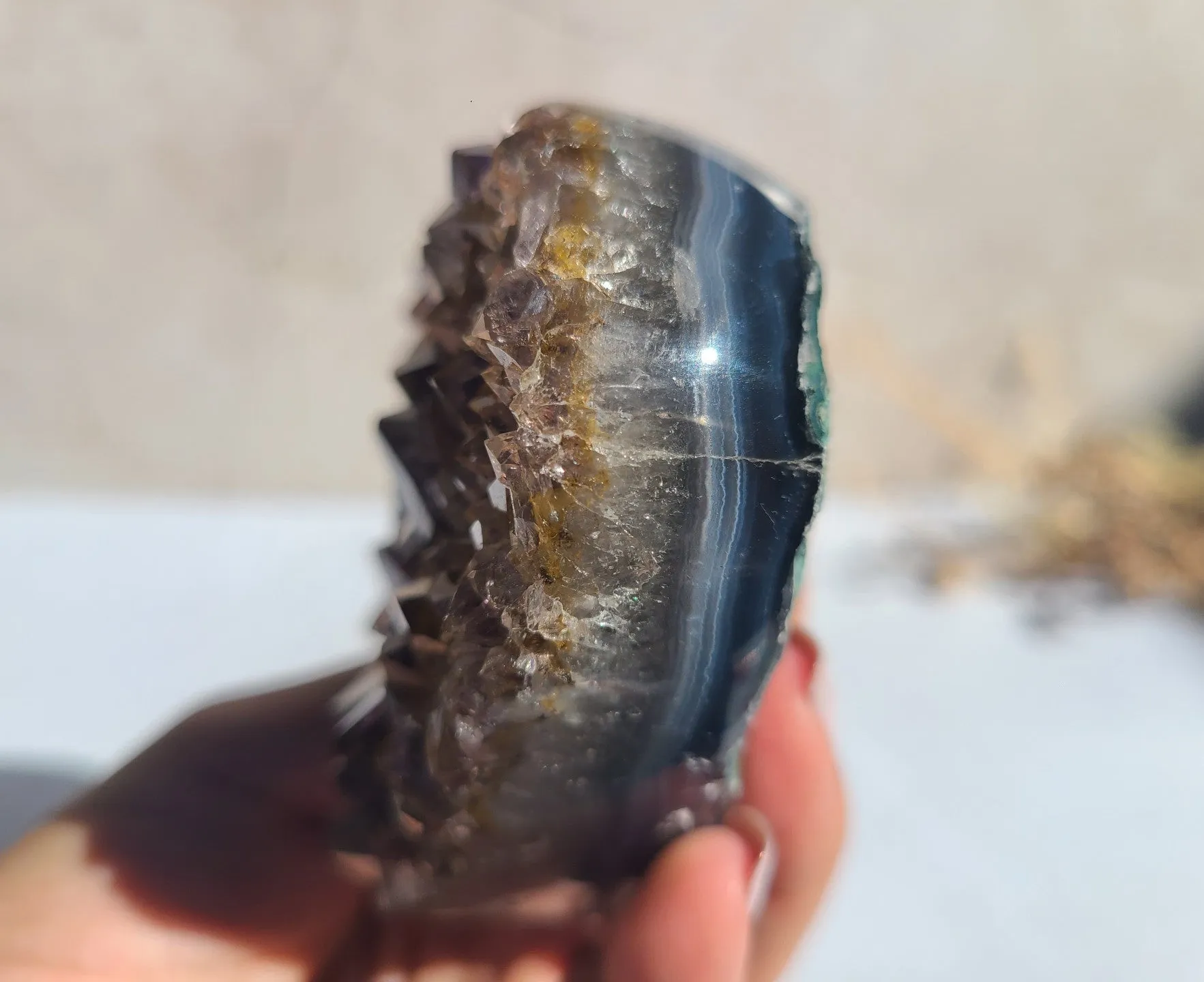 Rare Amethyst Cluster Heart with Cacoxenite inclusions