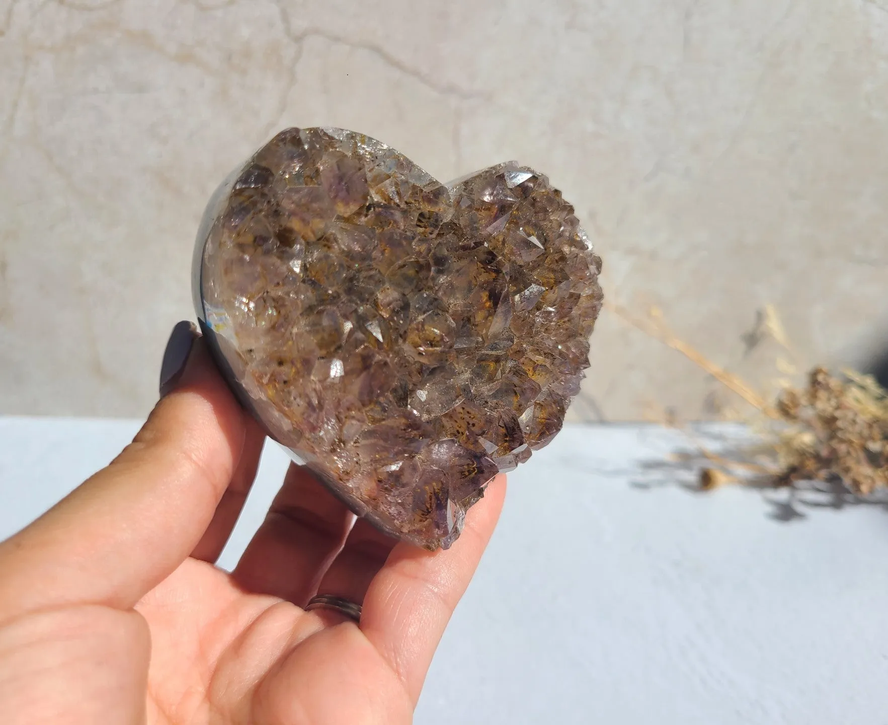 Rare Amethyst Cluster Heart with Cacoxenite inclusions