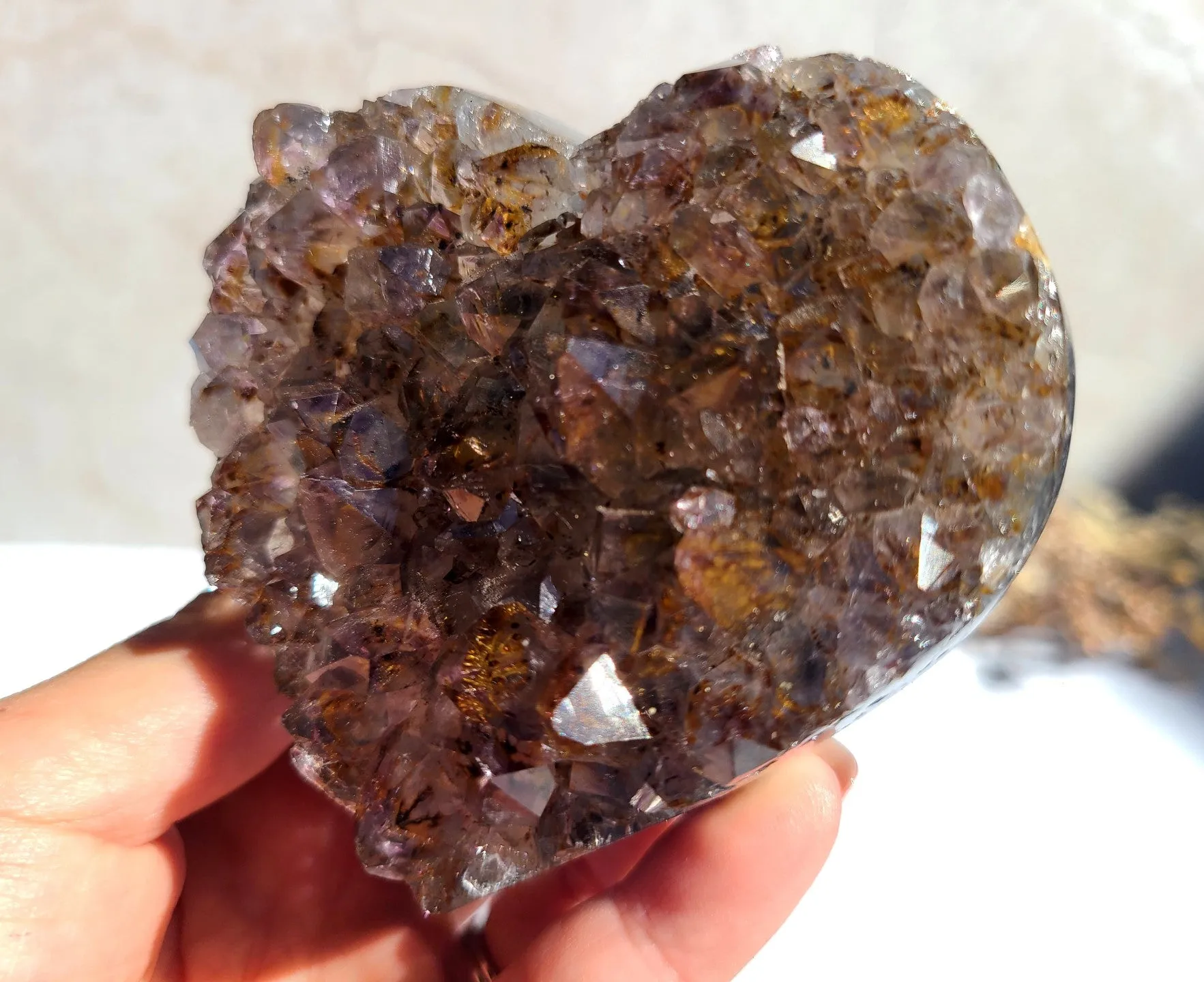 Rare Amethyst Cluster Heart with Cacoxenite inclusions