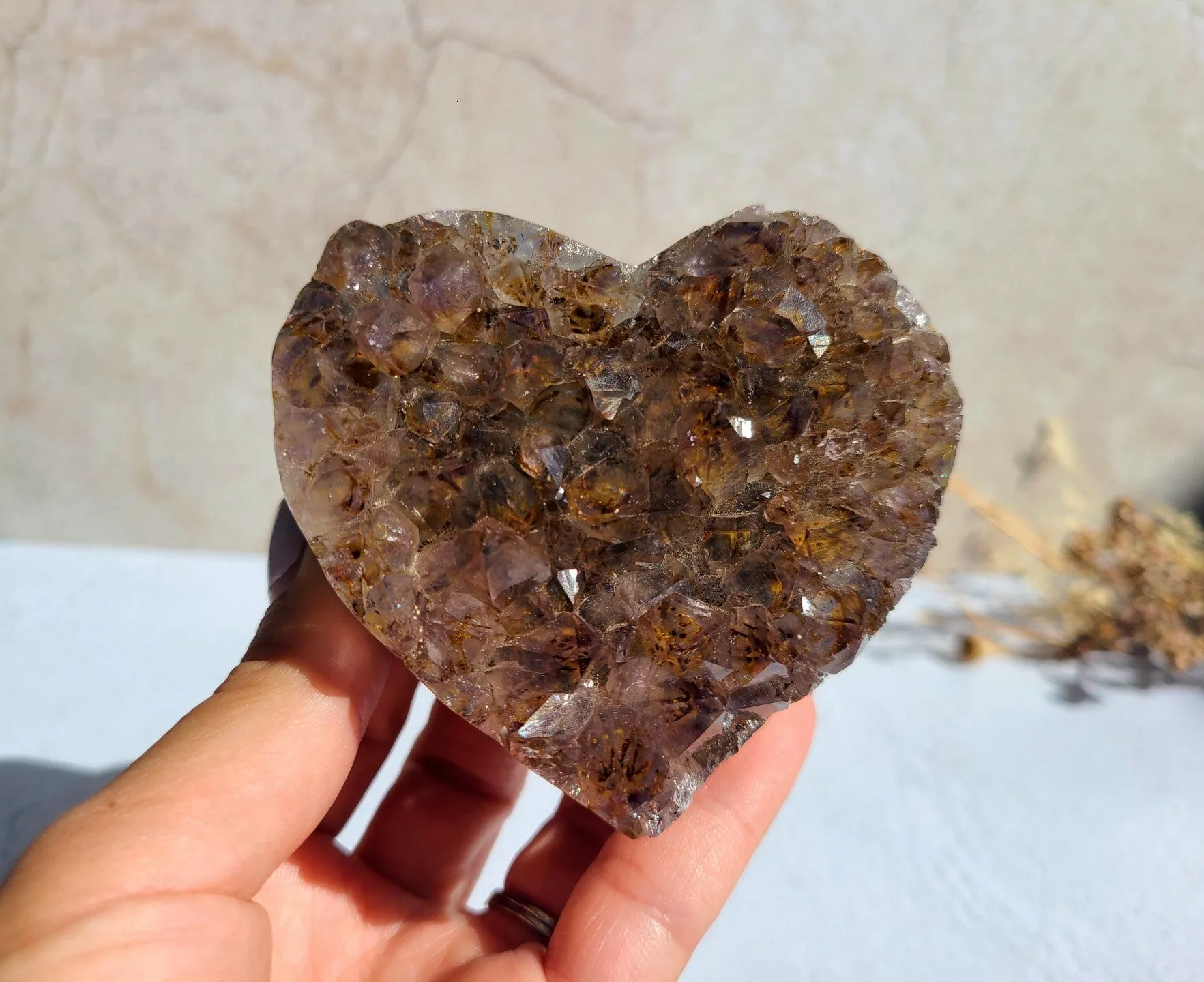 Rare Amethyst Cluster Heart with Cacoxenite inclusions