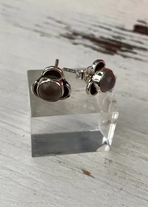 Solid Silver Rose Quartz Stud Earrings with Triple Curve Frame