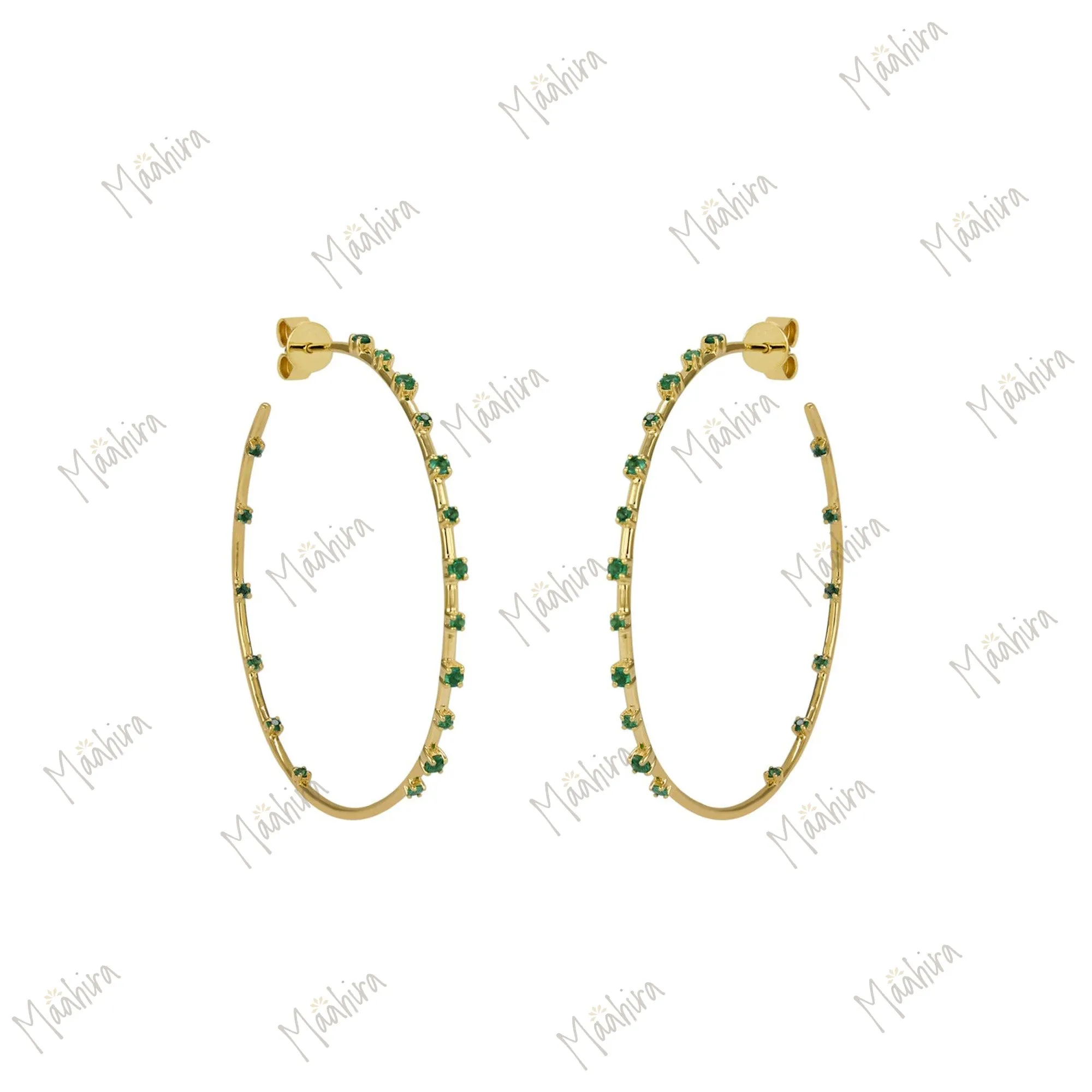 Sparkling Diamond Hoop Earring With Emerald On Outer