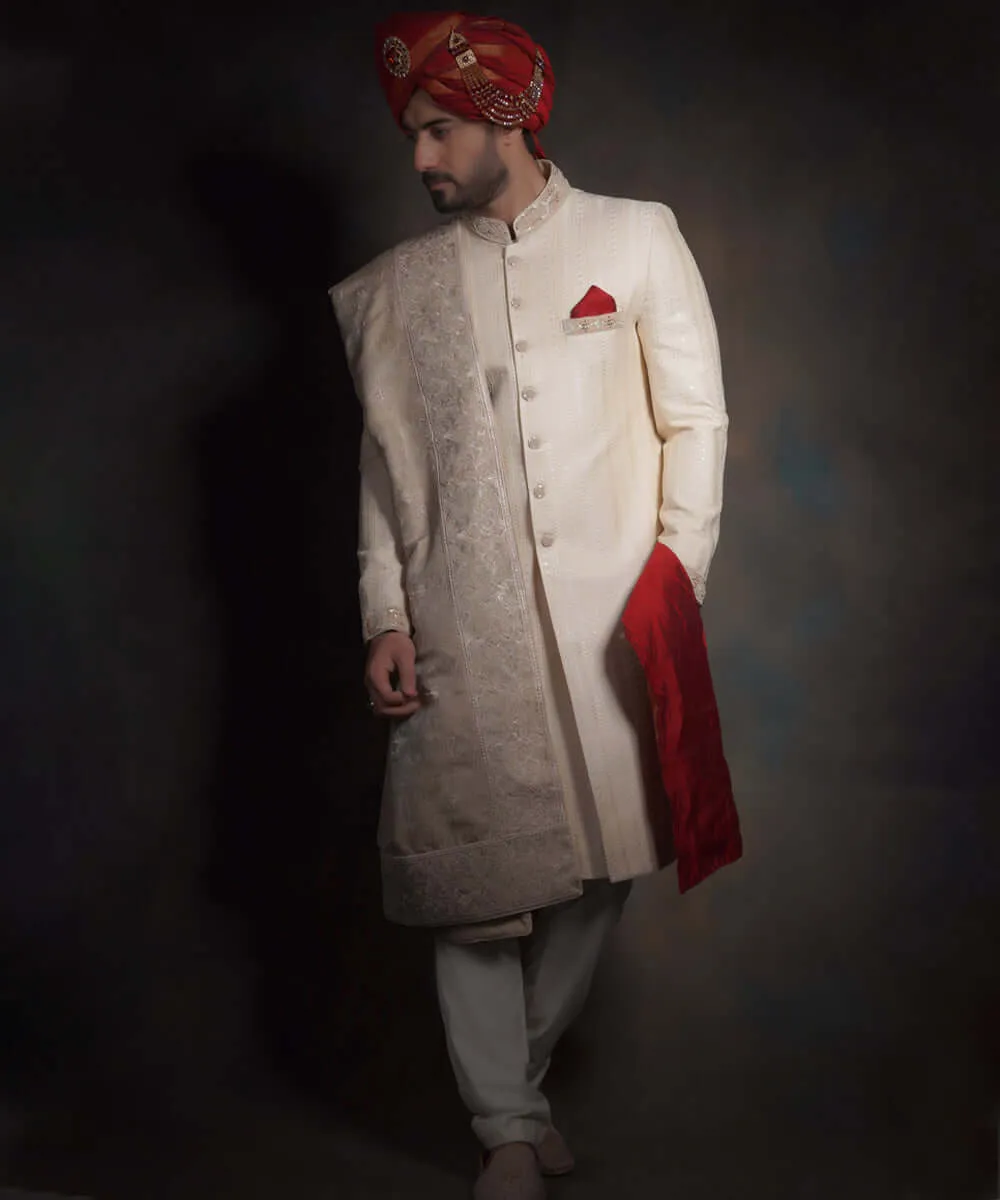 The Robin | Ivory Gold Form Fitted Raw Silk Sherwani