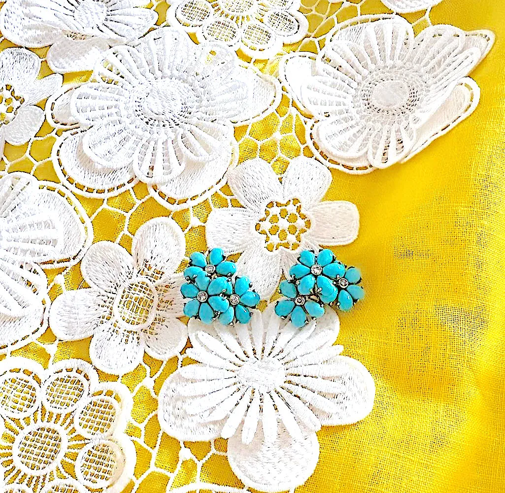 Turquoise Flower Diamonds Cluster Earrings