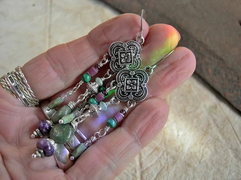 Vintage Style Chandelier Earrings, Silver, Purple & Green Gemstone