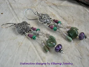 Vintage Style Chandelier Earrings, Silver, Purple & Green Gemstone
