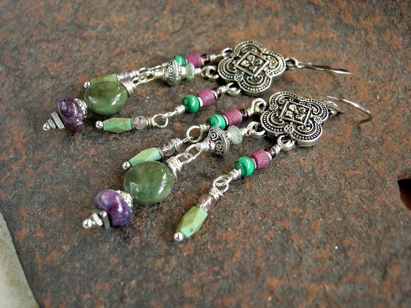 Vintage Style Chandelier Earrings, Silver, Purple & Green Gemstone