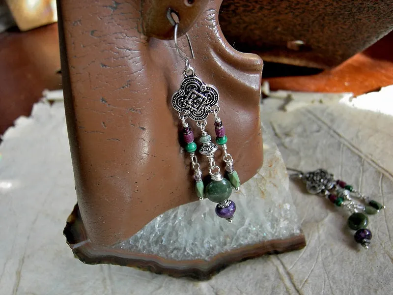 Vintage Style Chandelier Earrings, Silver, Purple & Green Gemstone