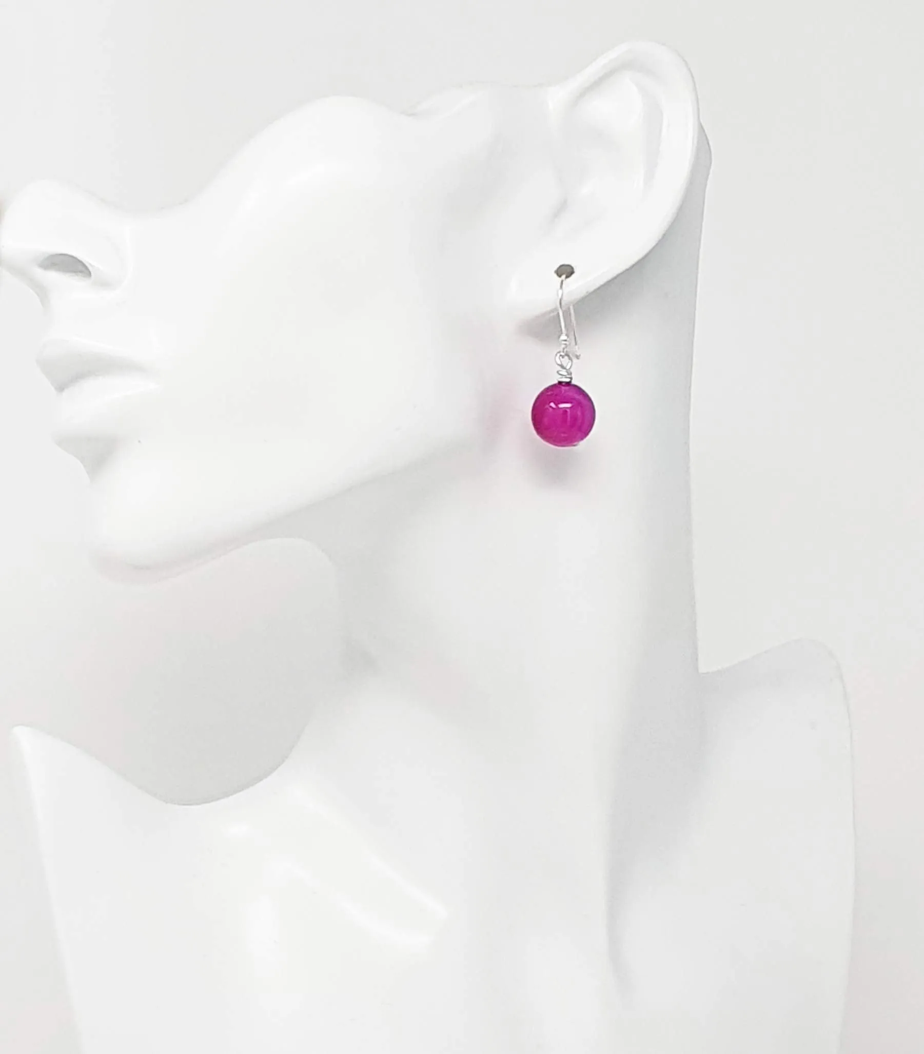 Women's Gemstone Earrings 12mm Pink Agate Drop Ball Earrings 925 Silver Hook